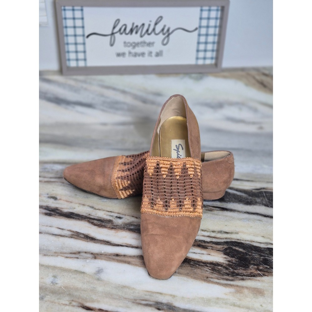 Spiegel Vintage Tan Suede Woven Vamp Pointed Toe Loafers Made in Italy Size 7.5M